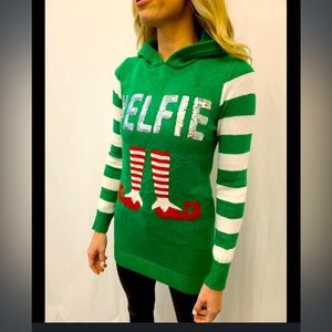 Ugly Christmas Sweater Women's M (7-9)Fun #Elfie Elf Hooded No Boundaries